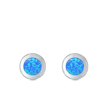 Round Button Half Ball Stud Earrings Lab Created Blue Opal 925 Sterling Silver (5.8mm)